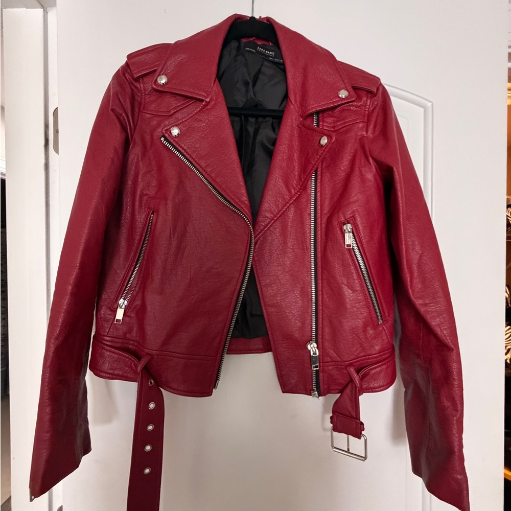 Zara Red Leather Biker Jacket